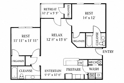 Floor plan for 2 beds, 2 baths, 1175 sqft